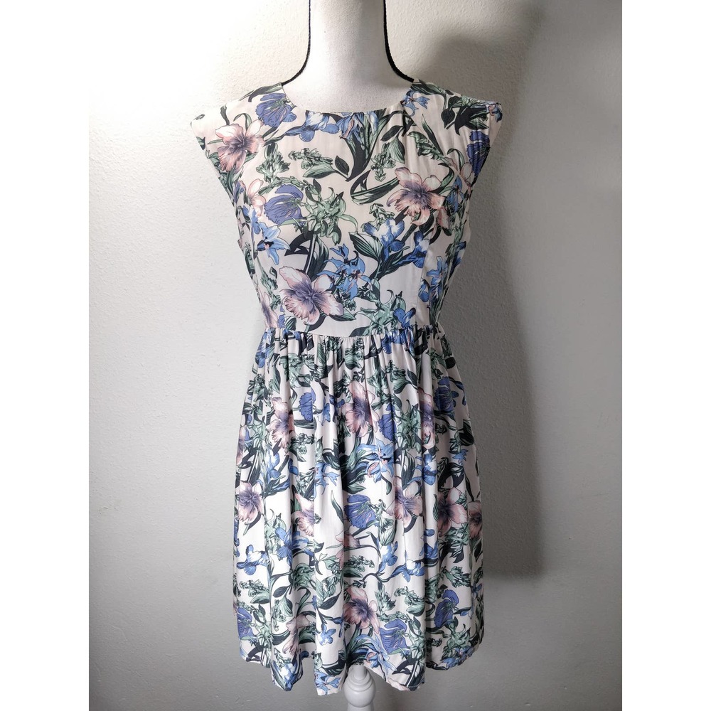 Modcloth Sunny Girl Blue & Pink Floral Cap Sleeves Fit Flare Rayon Dress Size S